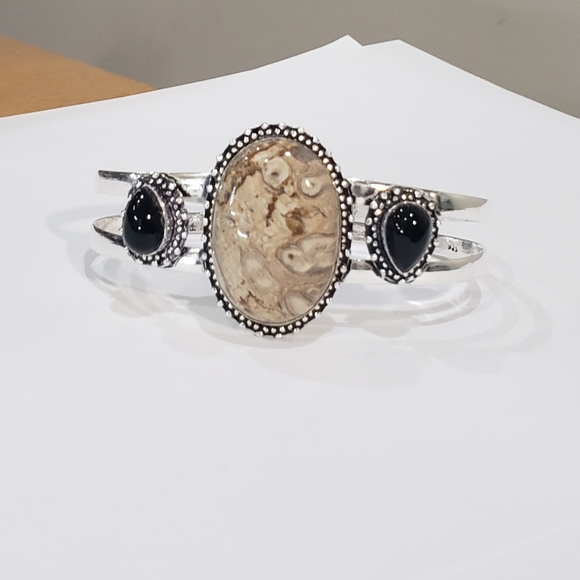 Chalcedony bracelet, 925 silver rock chalcedony black onyx adjustable bangle - Picture 8 of 15